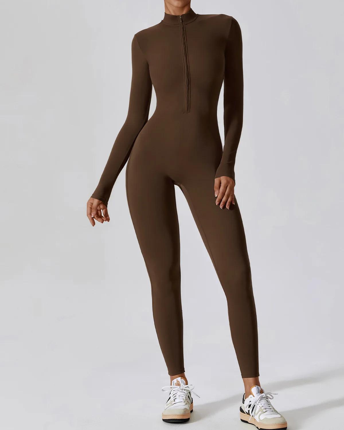 Women’s Jumpsuit One-Piece Yoga Bodysuit with Zipper Long Sleeve