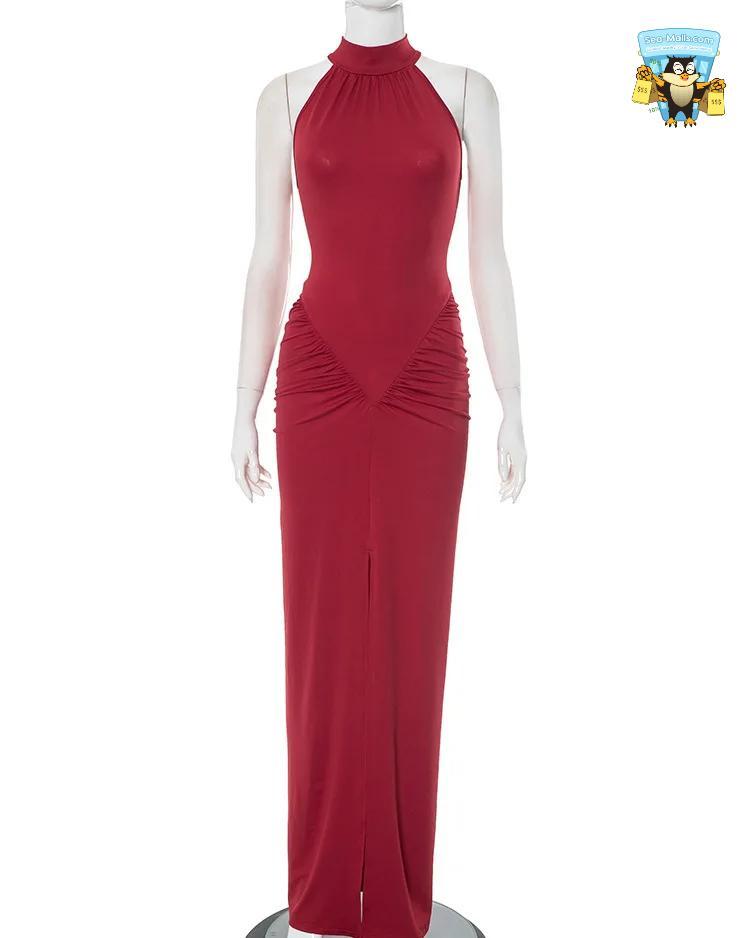 Halter Ruched Sleeveless Slim Fit Evening Maxi Dress