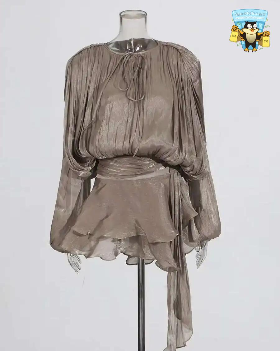 Chic Lace-Up V-Neck Mini Dress with Ruffle Hem & Tie Waist
