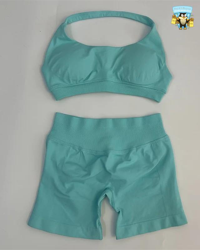 Yoga Shorts Set Seamless Scrunch Shorts Halter Sports Bra