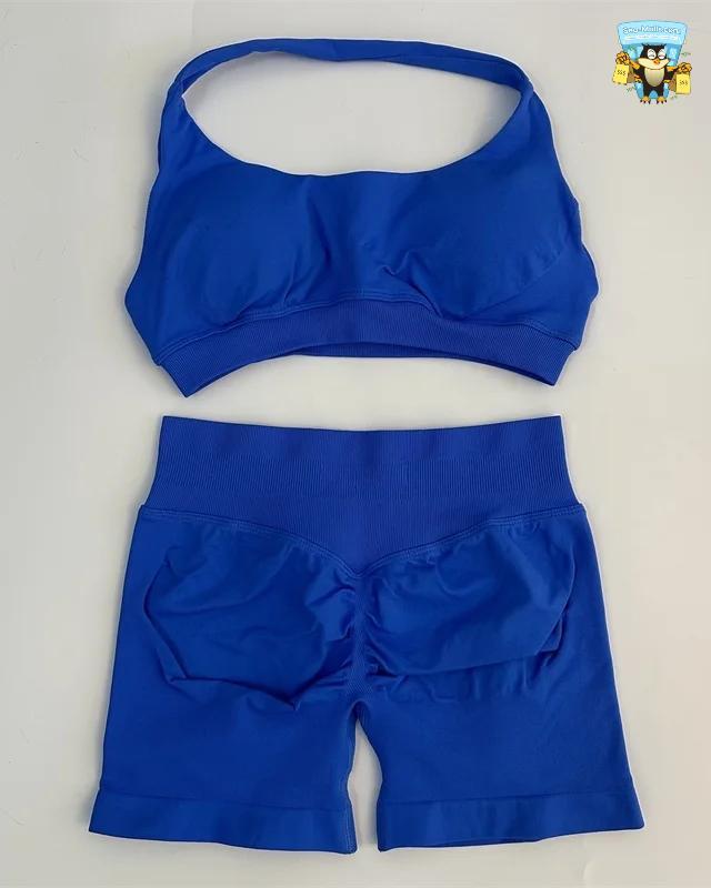 Yoga Shorts Set Seamless Scrunch Shorts Halter Sports Bra