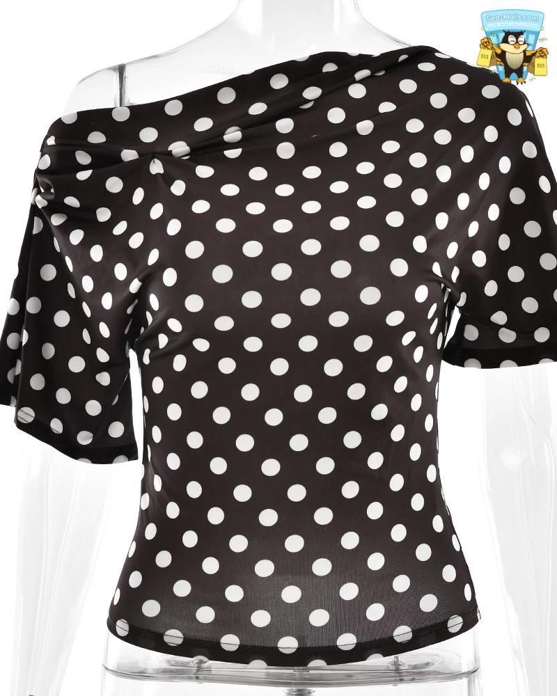 Polka Dot One-Shoulder Ruched Slim Fit Top