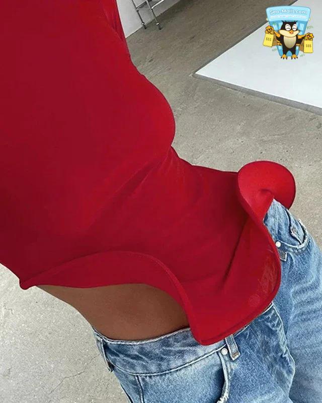 Slim Long Sleeve Ruffle T-Shirt Women’s Asymmetry Patchwork Top