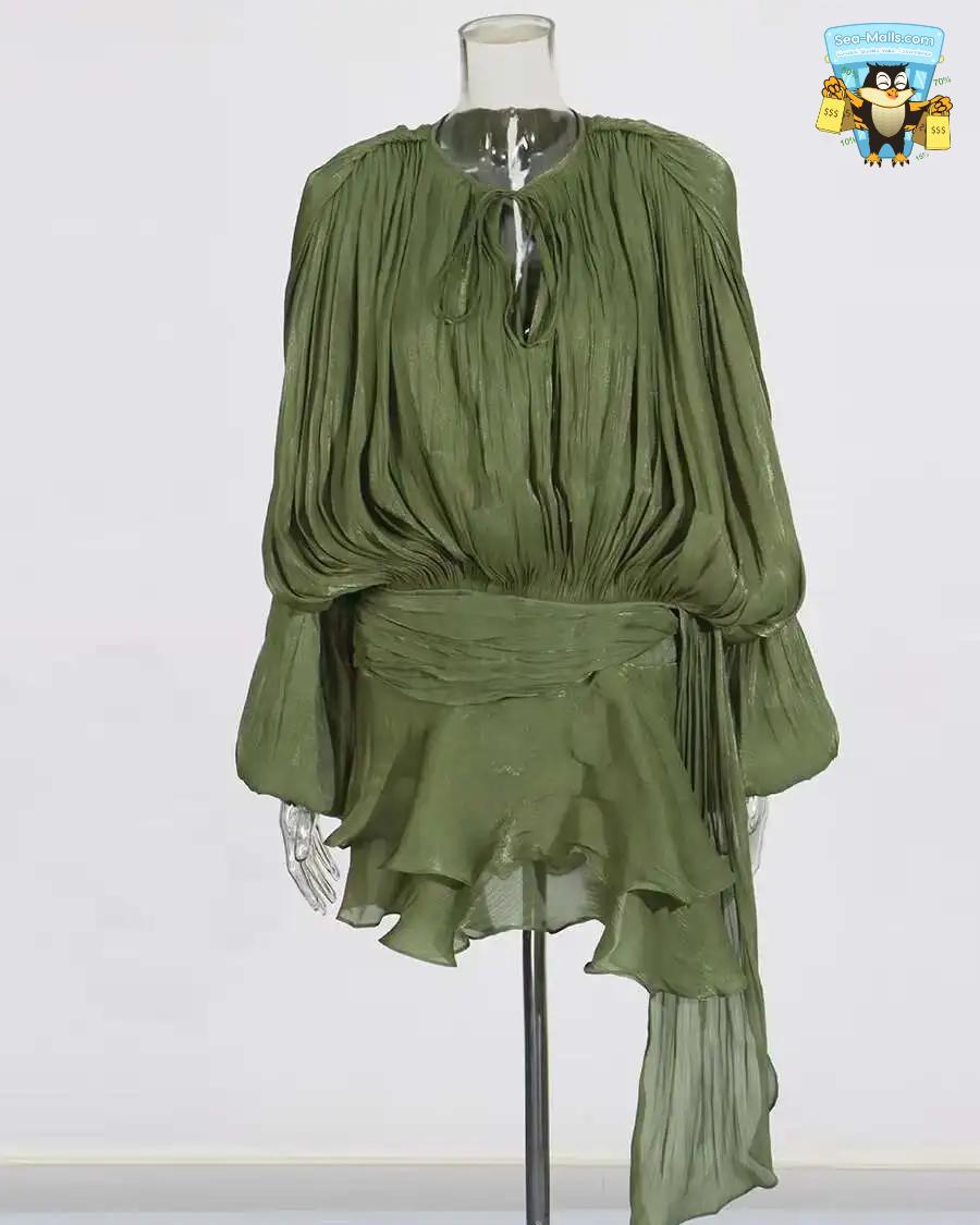 Chic Lace-Up V-Neck Mini Dress with Ruffle Hem & Tie Waist