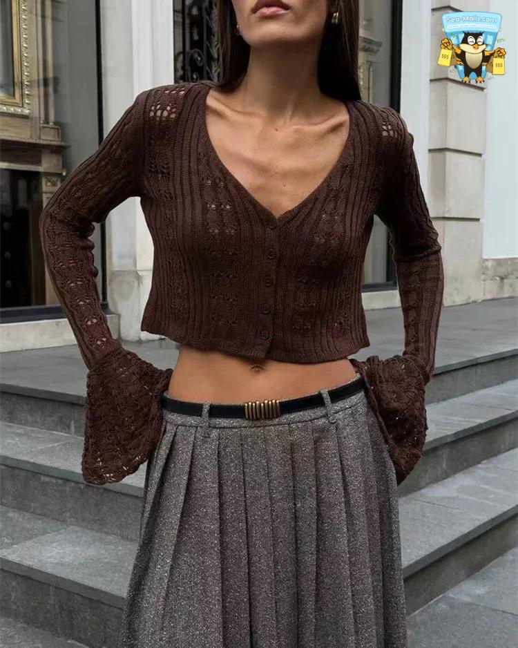Knitwear Hollow Out Sweater Cardigan V-Neck Cropped Top