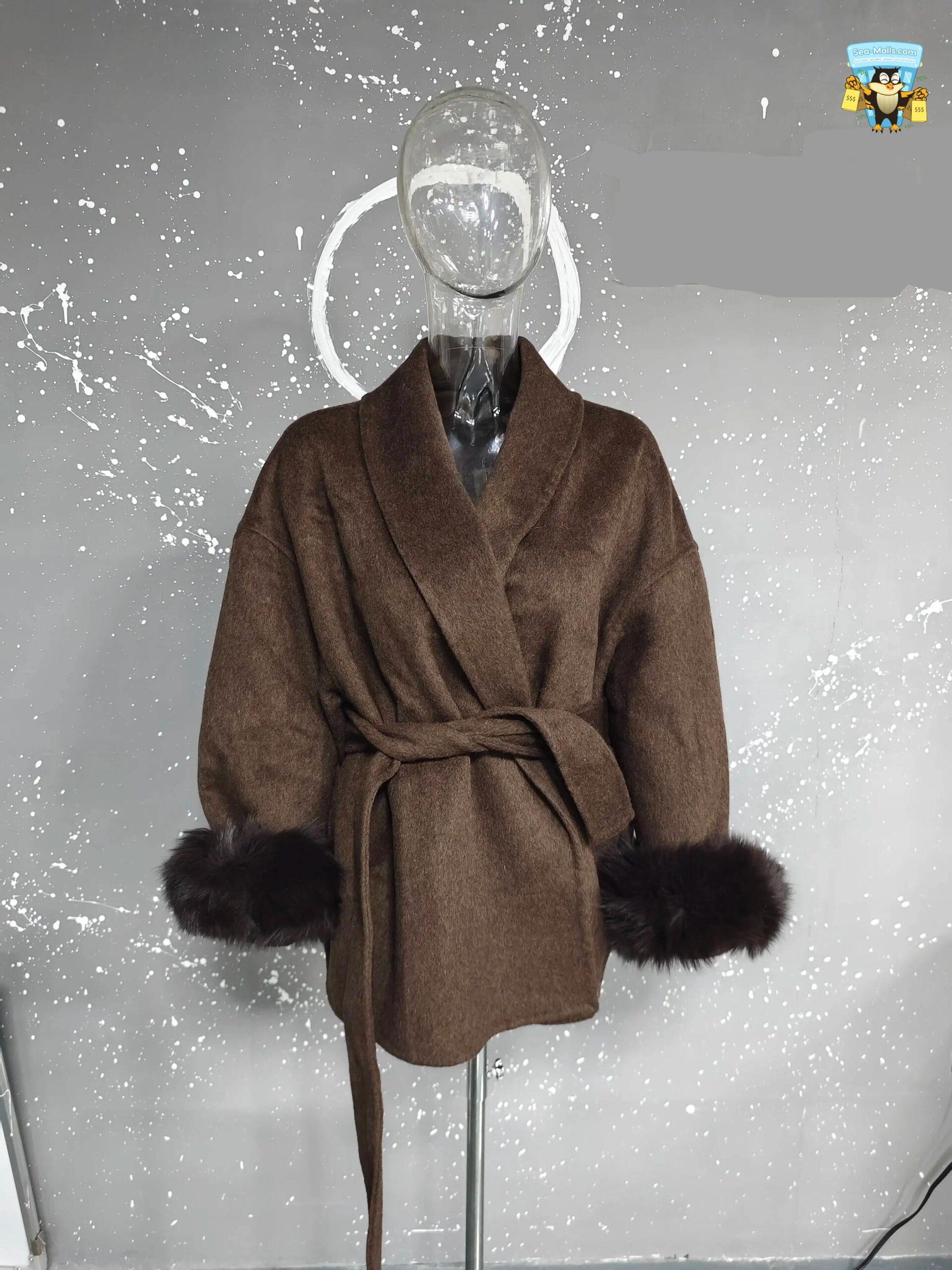Women's Elegant Woolen Belted Coat with Fur Cuffs Long Sleeve Office Lady Overcoat