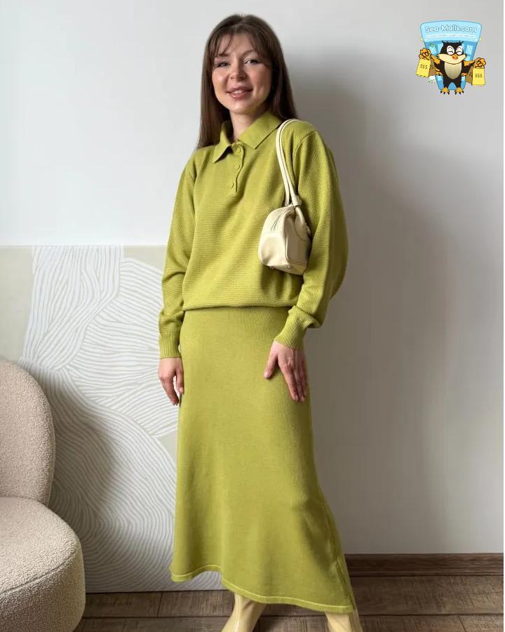 Winter Knitted Polo Sweater & Wide-Leg Pants Set for Women