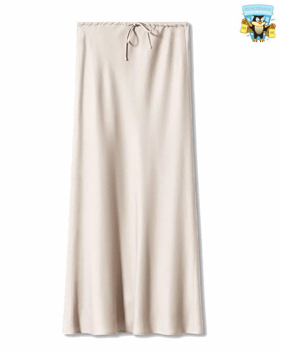 Solid Color Satin Long Skirt – High Waist Lace-Up A-Line Style