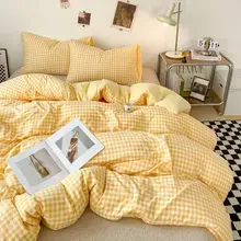Japanese Style Check Queen Quilt Cover Set 1/3 Pcs Soft Washed Duvet Cover and Pillowcase or Only Duvet Covers Skin-friendly