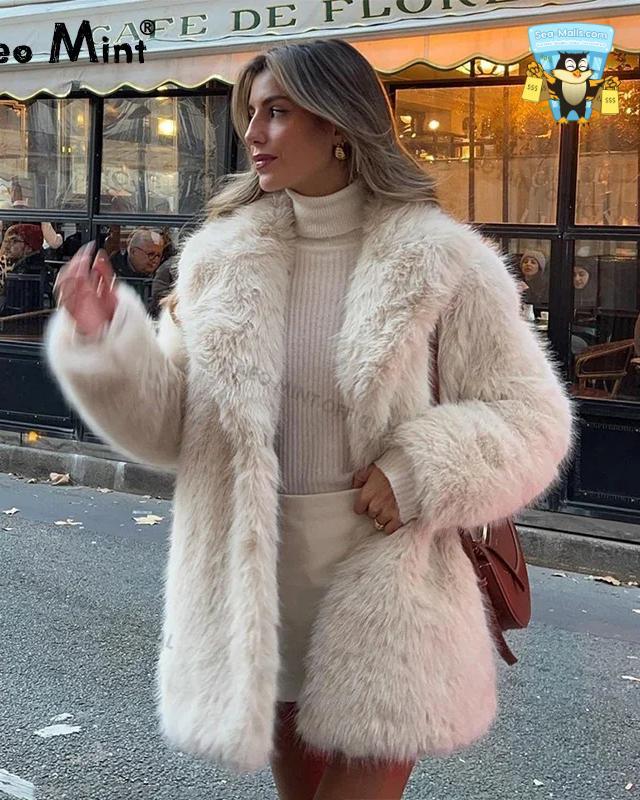 Lapels Faux Fur Coat Women Winter Long Luxury Overcoat