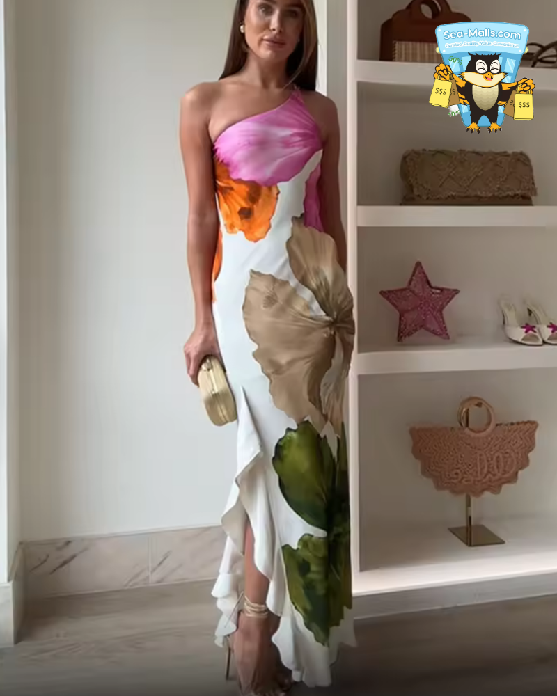 Printed Off Shoulder Cocktail Maxi Dress with Asymmetrical Neckline