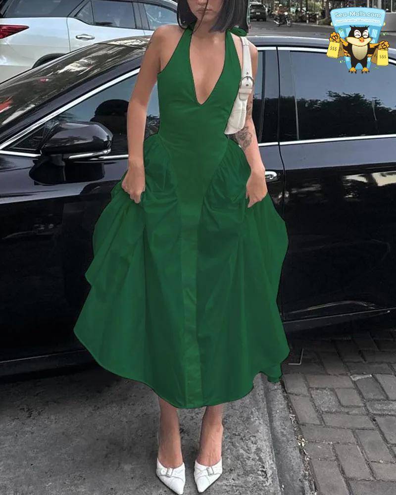 Backless Deep V Long Sexy Halter Sleeveless Dress