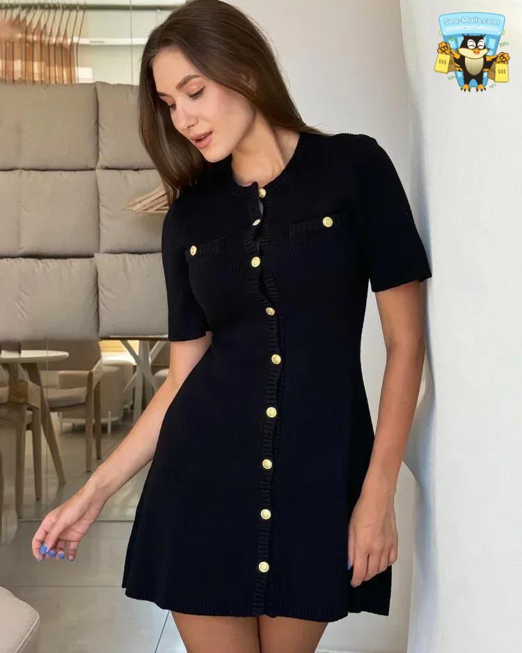 Elegant Knit Mini Dress Slim High Waist Short Sleeve Women’s Dress