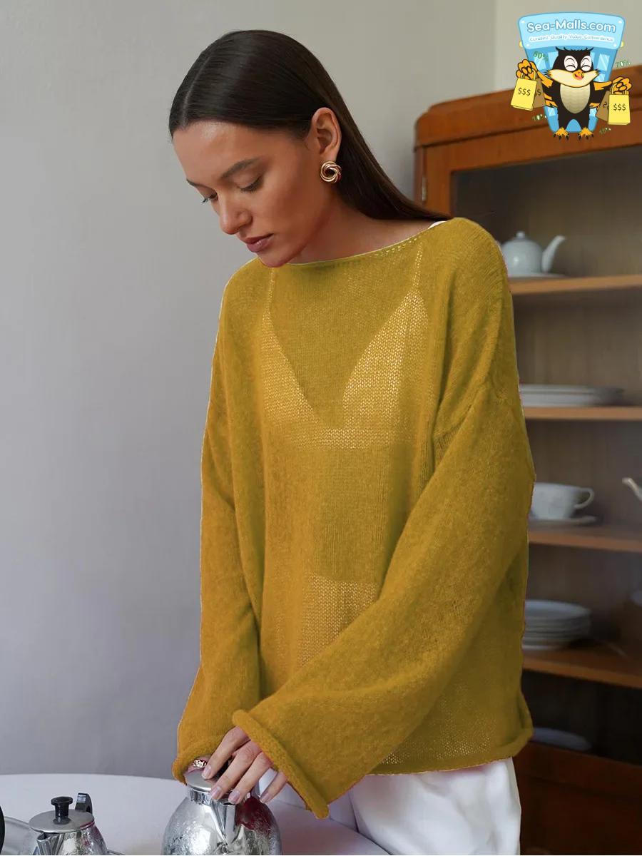 Women’s Hollow Knitted Sweater Pullover Loose Casual See-Through Long Sleeve Top