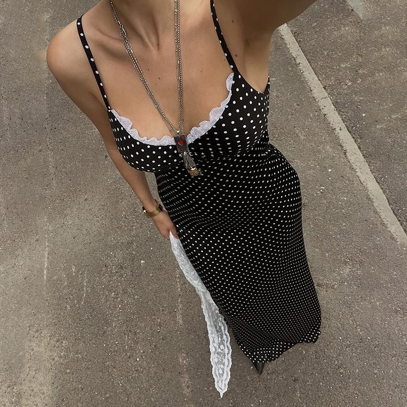 Polka Dot Lace Splice Maxi Dress – Deep V-Neck Spaghetti Strap Slim Style