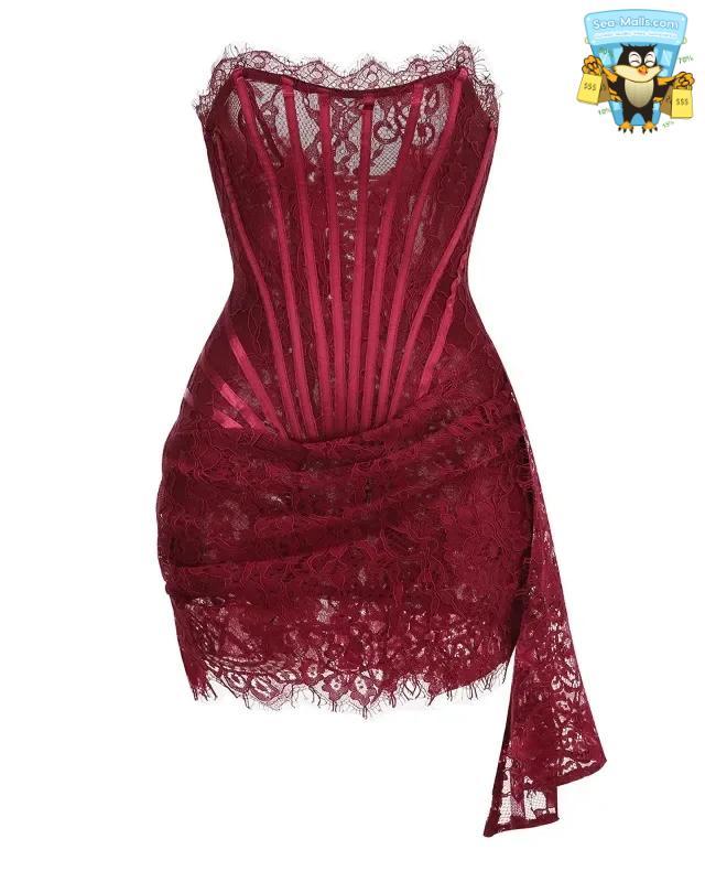 Talenza Women's Sexy Lace Dress Solid Color Sheer Patchwork High Waist Lace Dress Elegant Printed Strapless Slim Evening Dress
