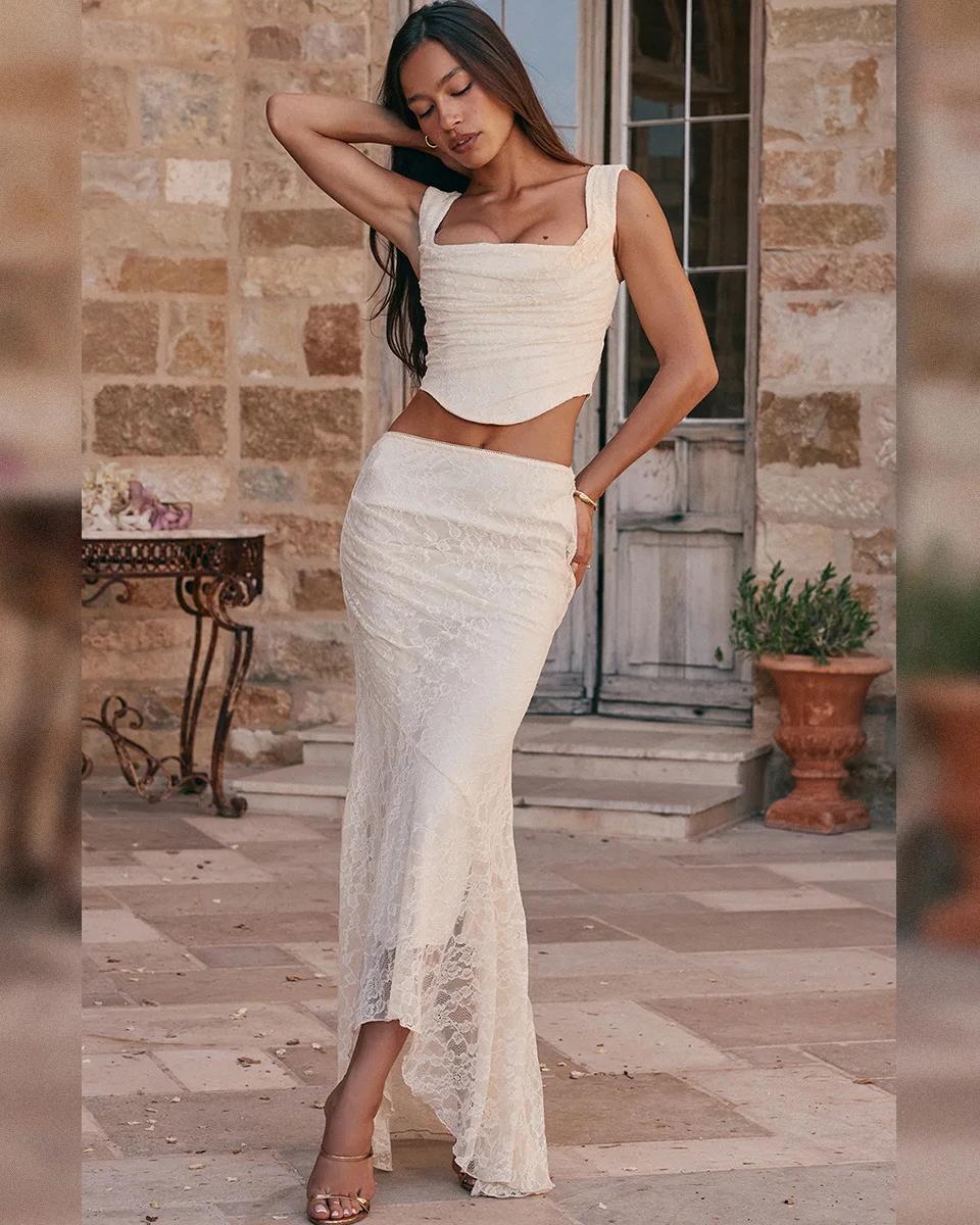 Elegant Lace Up Crop Top and Maxi Skirt Set Formal Dress