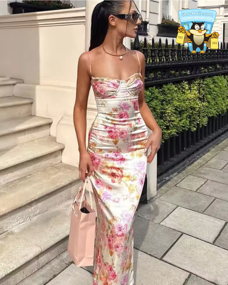 Summer Spaghetti Strap Floral Maxi Dress Elegant Bodycon Style