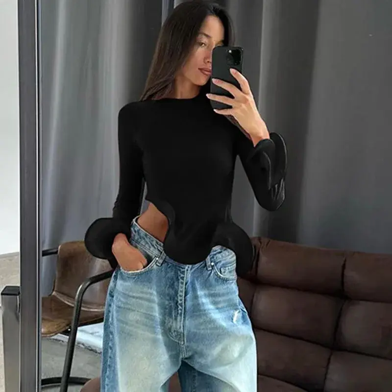 Slim Long Sleeve Ruffle T-Shirt Women’s Asymmetry Patchwork Top