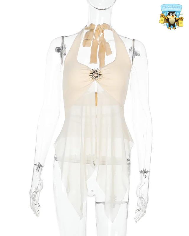 Halter Tie-Back Sheer Mesh Patchwork Tank Top