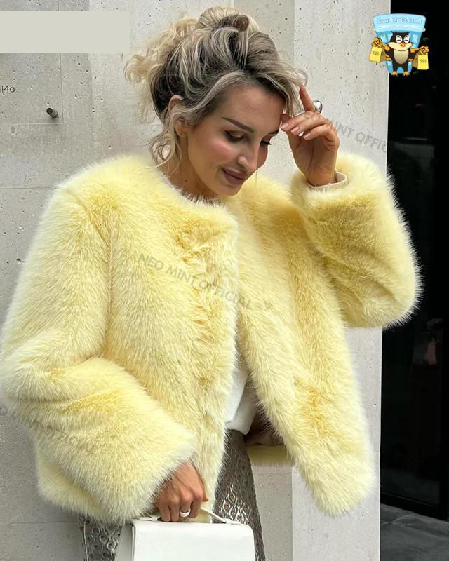 Fluffy Fox Fur Jacket Women Winter Casual Round Neck Outerwear