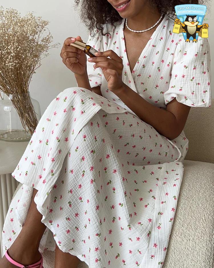 Cotton Floral A-Line Midi Dress V-Neck Puff Sleeve Summer
