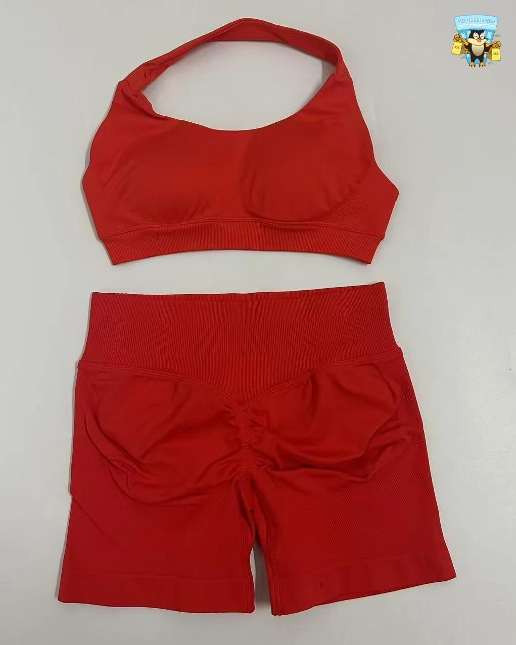 Yoga Shorts Set Seamless Scrunch Shorts Halter Sports Bra