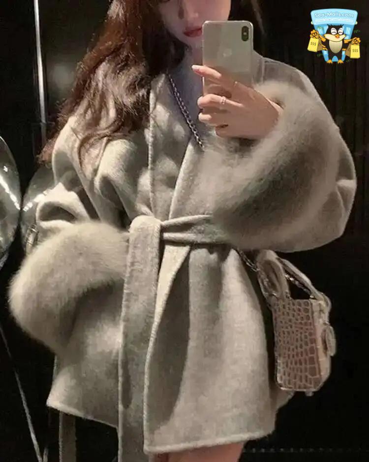 Women's Elegant Woolen Belted Coat with Fur Cuffs Long Sleeve Office Lady Overcoat