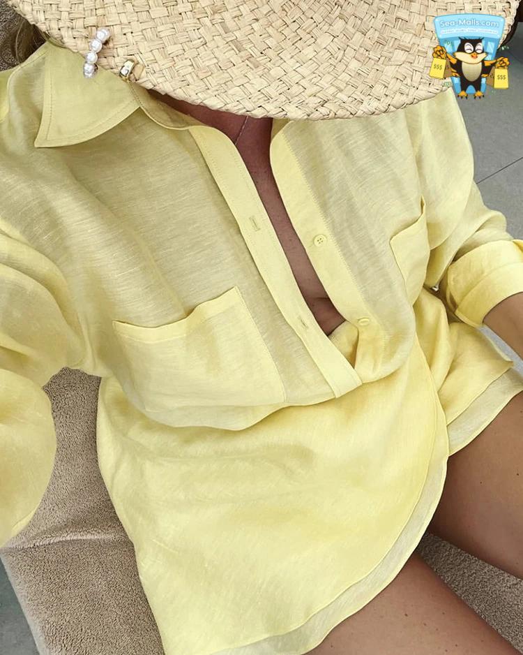 Casual Vacation Two-Piece Set Turn-Down Collar Shirt & Mini Skirt Suit
