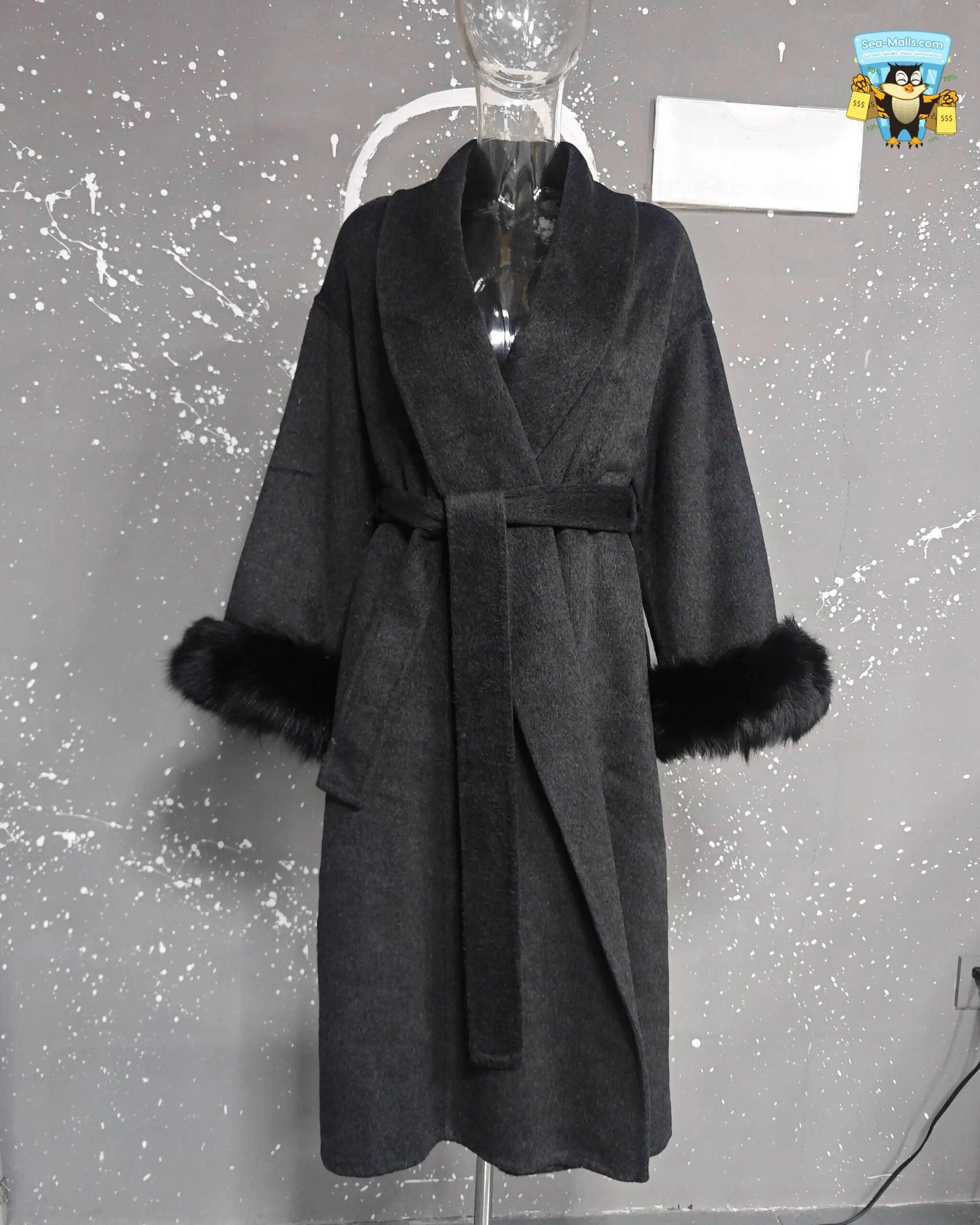 Women's Elegant Woolen Belted Coat with Fur Cuffs Long Sleeve Office Lady Overcoat