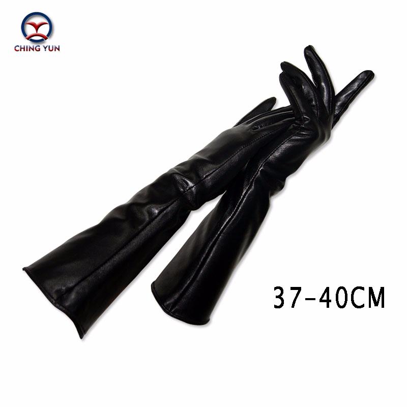 Long glove fashion sheepskin leather black gloves