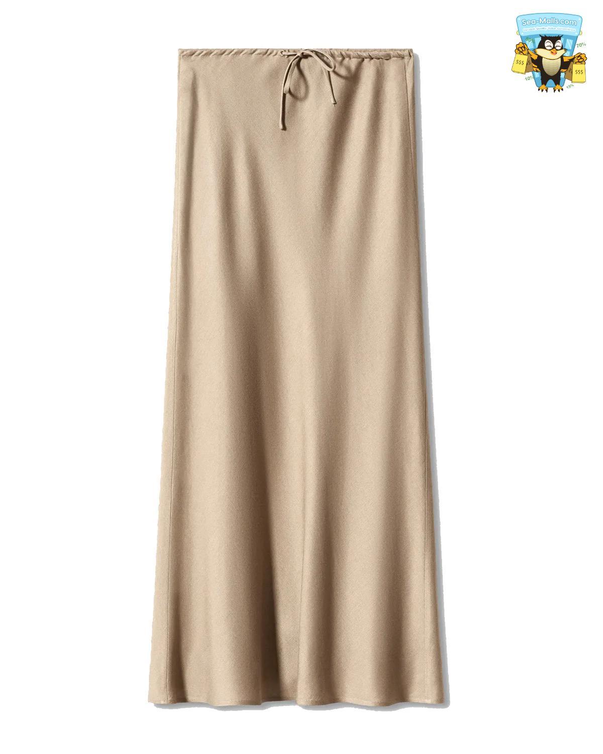 Solid Color Satin Long Skirt – High Waist Lace-Up A-Line Style