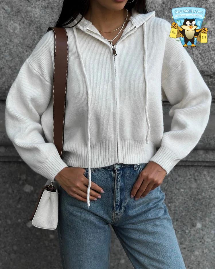 Cozy Knit Zip-Up Hooded Cardigan for Women