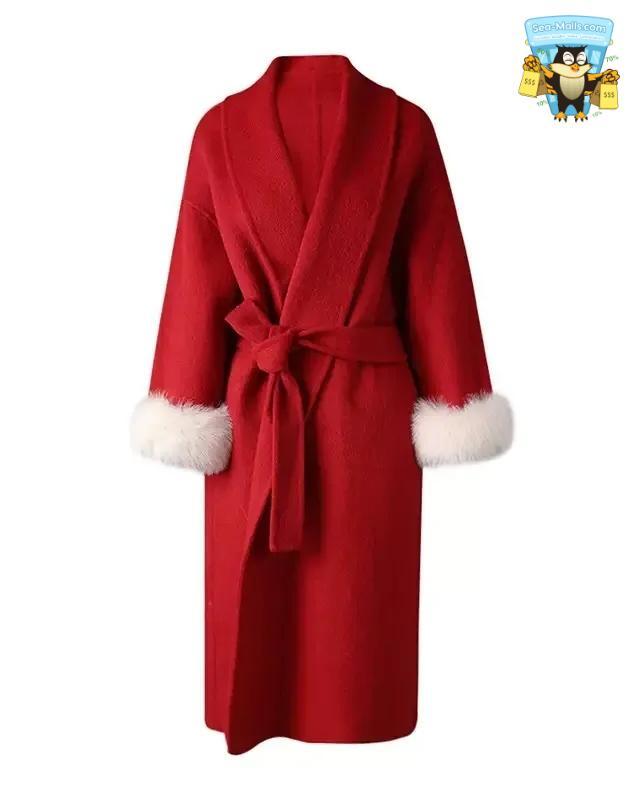 Women's Elegant Woolen Belted Coat with Fur Cuffs Long Sleeve Office Lady Overcoat