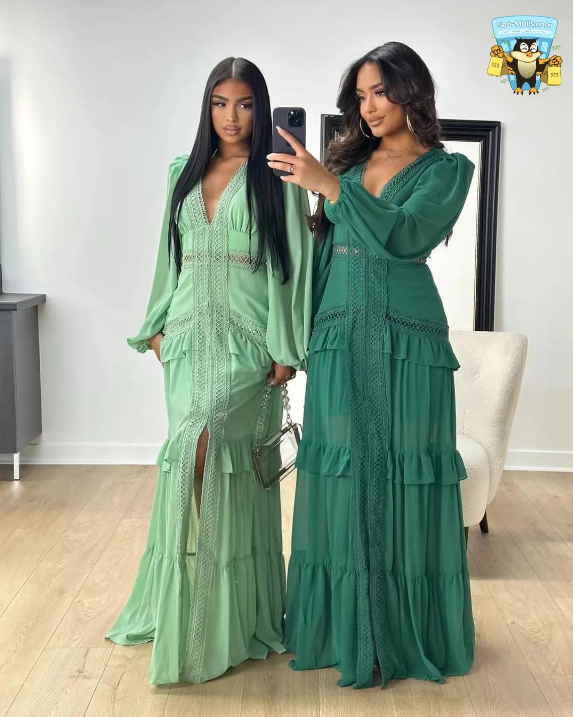 Elegant Ruffle Maxi Dress Long Sleeve Hollow Out Evening Gown
