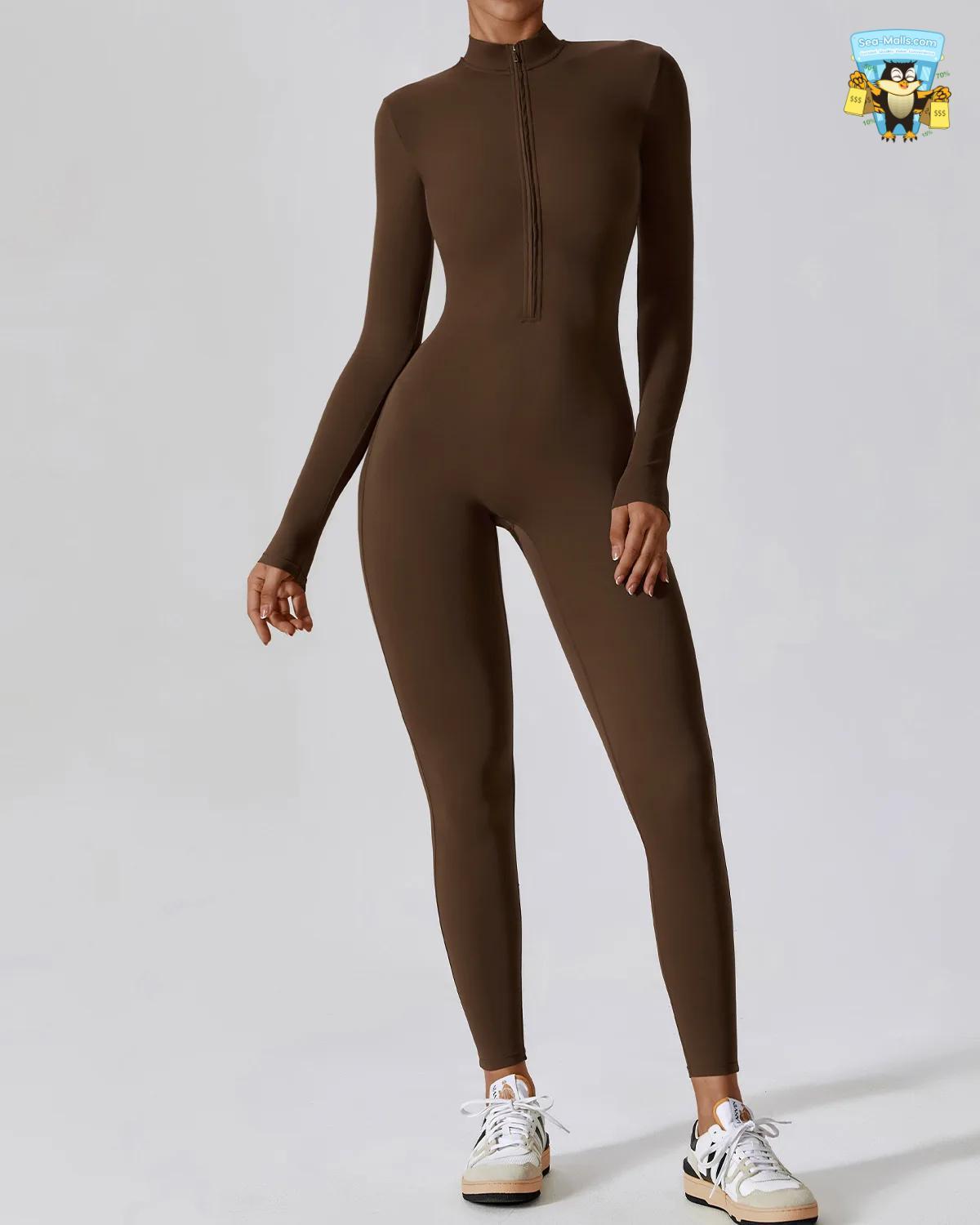 Women’s Jumpsuit One-Piece Yoga Bodysuit with Zipper Long Sleeve