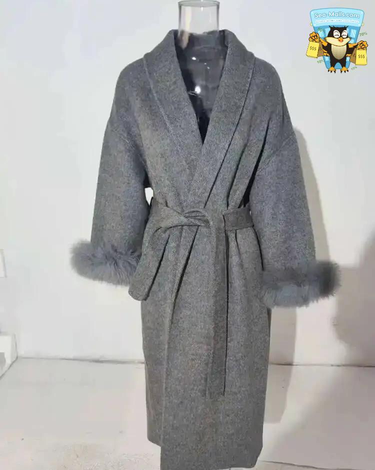 Women's Elegant Woolen Belted Coat with Fur Cuffs Long Sleeve Office Lady Overcoat