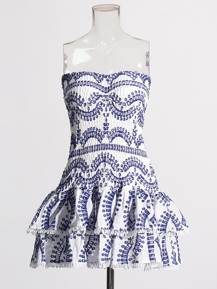 Patchwork Folds Strapless Casual Dress High-Waist Butterfly Sleeve Slim Style