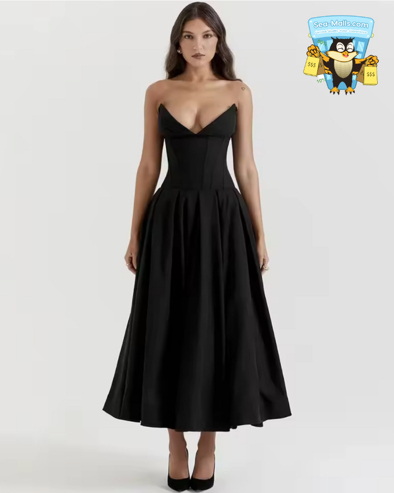 Black Strapless Corset Midi Dress for Weddings and Parties