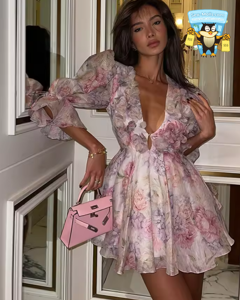 Tie-Dye 3D Flower Mini Dress with Deep V Neck and Flare Sleeves