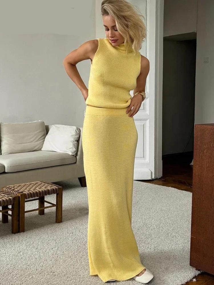 Elegant Yellow Knitted Two-Piece Set Sleeveless Top & Long Skirt
