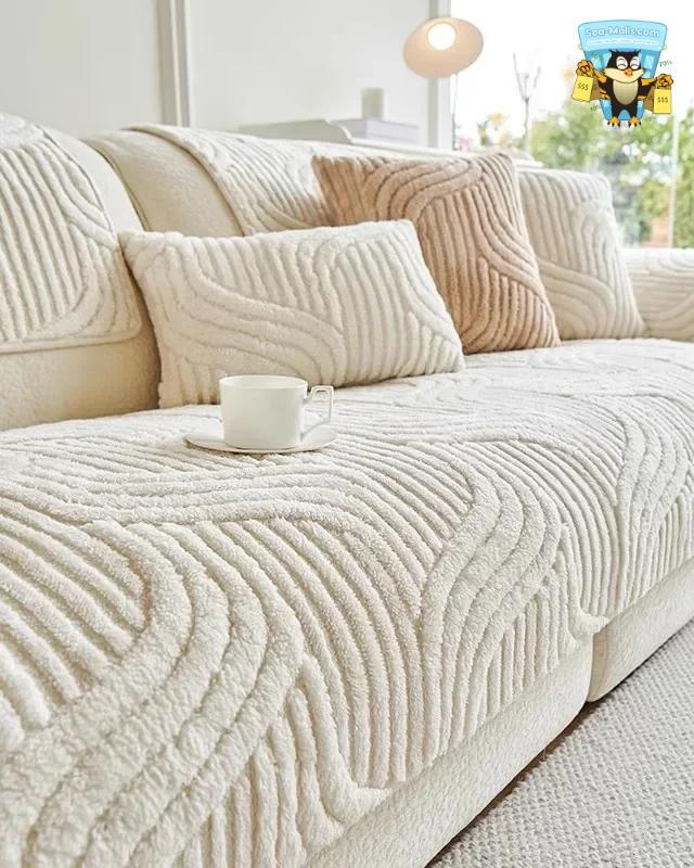 Wave Striped Plush Sofa Cover Non-Slip Living Room Mat
