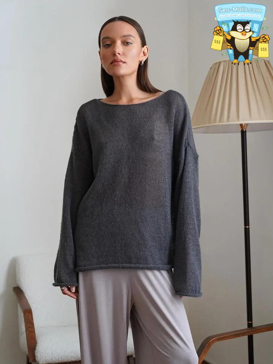 Women’s Hollow Knitted Sweater Pullover Loose Casual See-Through Long Sleeve Top
