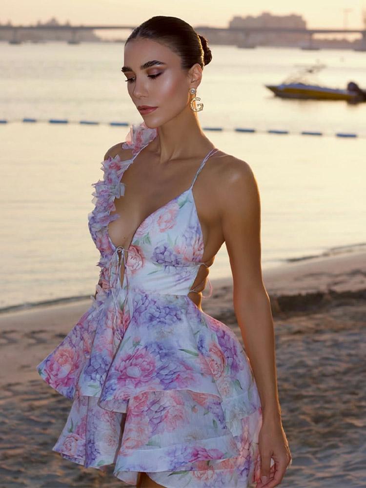 Tie-Dye 3D Flower Mini Dress with Deep V Neck and Flare Sleeves
