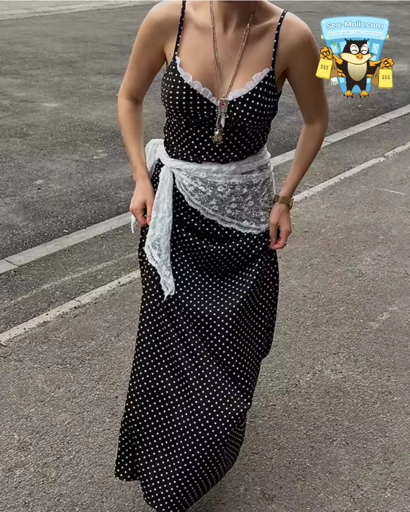 Polka Dot Lace Splice Maxi Dress – Deep V-Neck Spaghetti Strap Slim Style