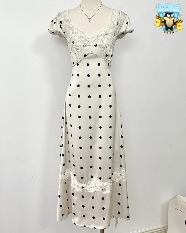 French Lace Patchwork Satin Polka Dot Maxi Dress