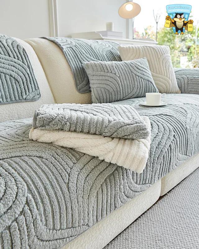 Wave Striped Plush Sofa Cover Non-Slip Living Room Mat