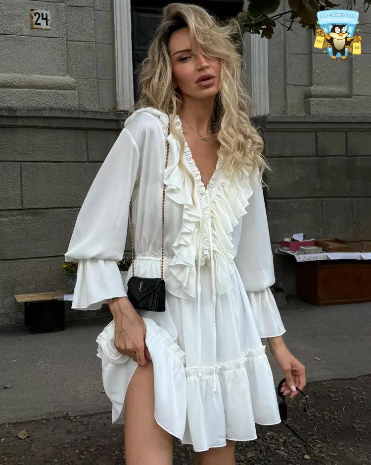 Ruffled V-Neck White Long Sleeve Bandage Mini Dress