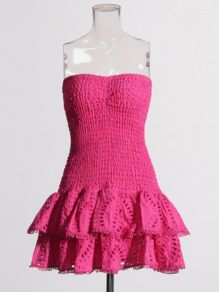 Patchwork Folds Strapless Casual Dress High-Waist Butterfly Sleeve Slim Style