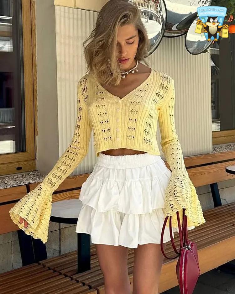 Knitwear Hollow Out Sweater Cardigan V-Neck Cropped Top